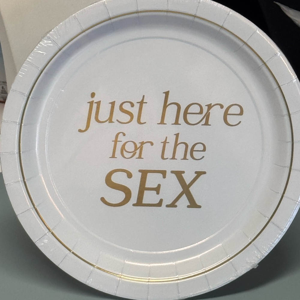 White and Gold Dinner Plate “just here for the sex” 9 inch set of 8